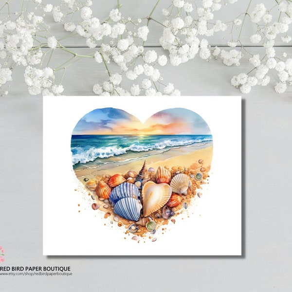 PRINTED All Occasion Greeting Card, Watercolor Sea Shells Heart, Beach Scene with Sea Shells, Blank Note Card, Greeting Card