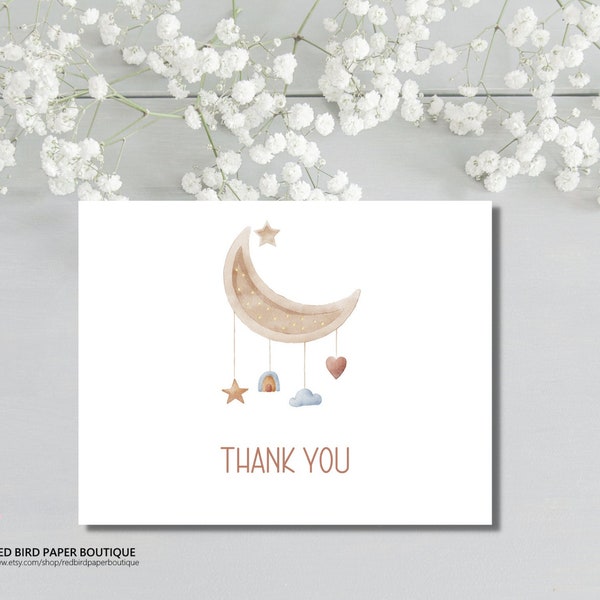 PRINTED Set of Boho Baby Shower Thank You Cards with Envelopes, Boho Moon and Star Mobile Baby Shower Thank You, Gender Neutral Boho Baby