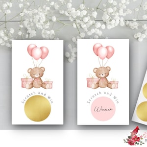 Girl Bear w/Pink Balloons, Baby Shower Scratch Off Game, Scratch Off Cards W/Scratch Off Stickers, Baby Shower Game, Girl Baby Shower - GB1