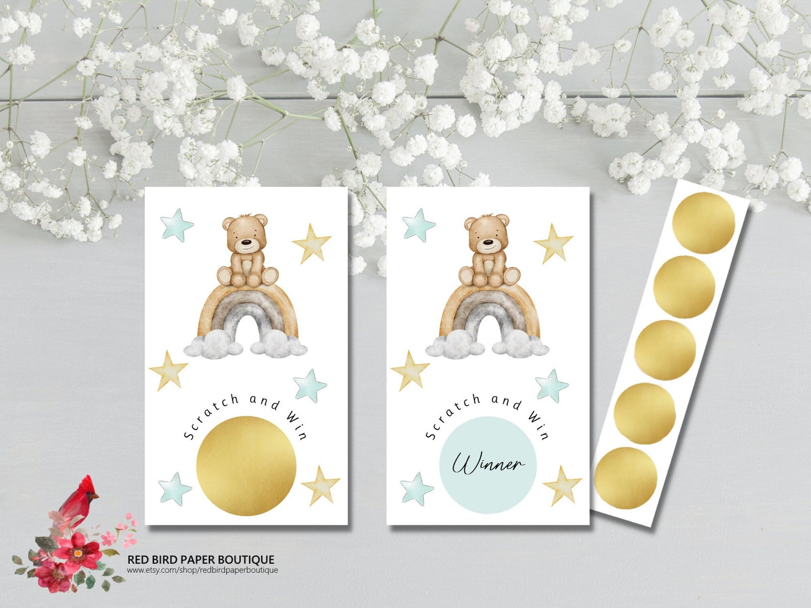 PRINTED Baby Shower Scratch off Game, Boho Bear Rainbow, Set of 30