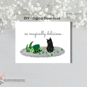 St Patrick Tageskarte, glückliche schwarze Katze mit Shamrocks Karte, Katzenliebhaber Karte, lustige schwarze Katzenkarte, Katzenstimmungskarte, DIY digitaler Download