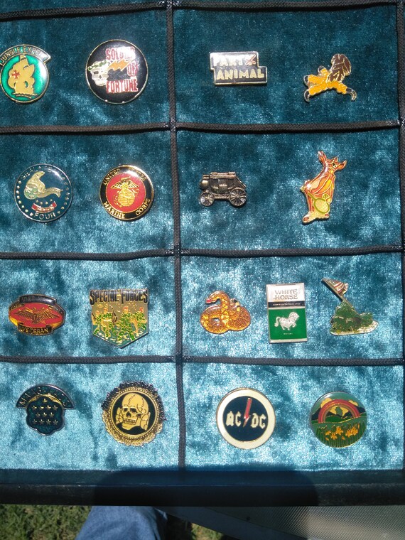 Vintage Pin Collection Display 70 Pins Blue Crushed V… Gem