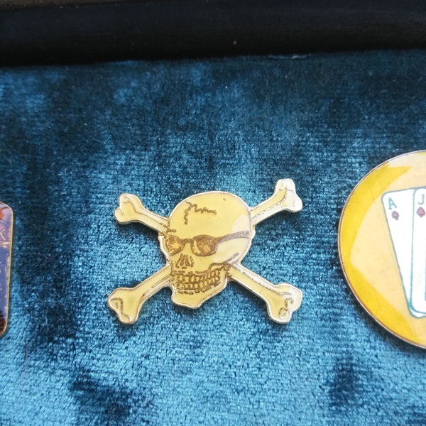 Jolly Roger w/ Sunglasses Skull & Crossbones Pin. Great for vest, hat, jacket, backpack, guitar strap, purse, collar, tie, scrubs.