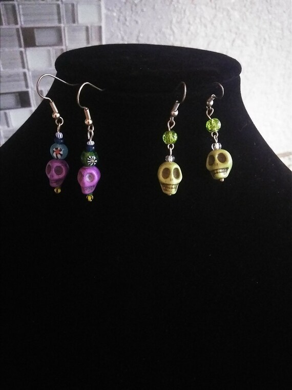 Skull Earrings Yellow and Purple - image 1