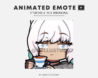 Puede incluir: Emoticón animado que presenta un personaje con cabello blanco y ojos azules, bebiendo té de una taza. La taza de té tiene un diseño azul y dorado. El texto dice "ANIMATED EMOTE" y "Y'SHTOLA TEA DRINKING".