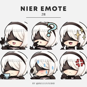 May include: A set of six digital emoticons featuring a cartoon character with white hair, black eyes, and a black and white outfit. The character is expressing different emotions, including happy, confused, excited, relaxed, sad, and angry.