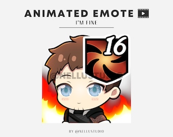 May include: Animated emote of a cartoon character with brown hair and blue eyes. The character is wearing a black shirt with a brown design. The character is surrounded by flames. The text "I'm Fine" is above the character. The text "16" is in a red and orange circle above the character's head.