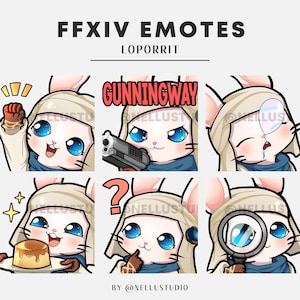 May include: A set of six digital emotes featuring a white rabbit wearing a blue scarf and a white head covering. The emotes depict the rabbit with different expressions, including a fist pump, holding a gun, looking confused, holding a magnifying glass, and holding a plate of pudding. The text "GUNNINGWAY" appears in red letters on one of the emotes.
