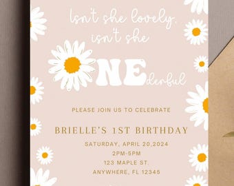 Daisy Floral First Birthday Invitation Neutral Floral Party Invite (Digital Download)