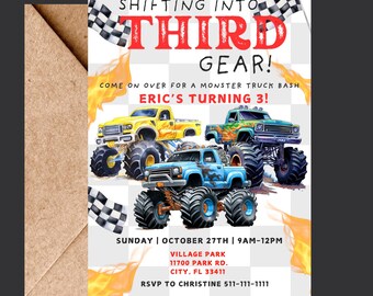 Shifting into Third Gear Monster Truck theme Birthday Invitation (Digital Download)