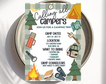Cousin Camp Invitation Template, Summer Family Adventure Invite Plaid (Editable Canva)