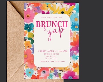 Floral Girls Brunch Invitation, Bubbly Party Template (Digital Download)