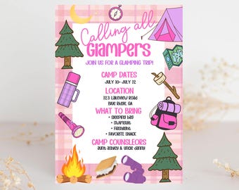 Glamping Girls Camp Invitation Template, Summer Family Adventure Invite (Editable Canva)