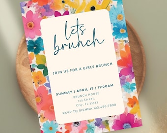 Floral Girls Brunch Invitation, Bubbly Party Template, Pancakes and Pajamas, Girls day (Digital Download)