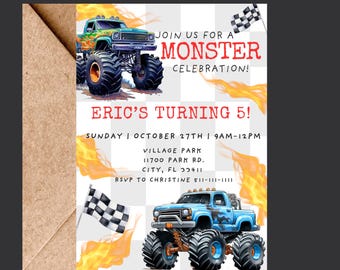 Monster Truck Invite, Editable Monster Truck Birthday Invitation Template For Boys, Trucks Birthday Invite, Monster Truck Invitation)