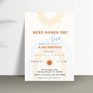 Editable Sunshine Baby Shower Boy Invitation, Here Comes the Son Baby Shower Invite, Sonshine Baby