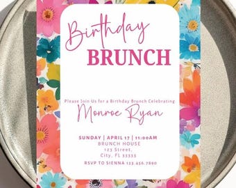 Floral Girls Brunch Invitation, Birthday Brunch, Pancakes and Pajamas,  Bubbly Party Template (Digital Download)