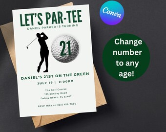 Golf Birthday Invitation, Let's Par-Tee, Birthday Partee, Editable Canva Template (Digital Download) Change to ANY age