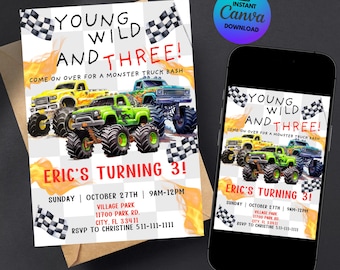 Monster Truck Birthday Invitation: Young Wild Three Bash (Digital Download)