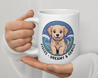Golden Retriever Mug - 11oz, 15oz, 20oz | Pisces Zodiac Kawaii Design | Dog Parent Gift | Feb Mar Birthday | Dishwasher Safe