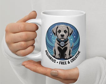 Labrador Retriever Mug - 11oz, 15oz, 20oz | Aquarius Kawaii Zodiac Coffee Cup | Jan Feb Birthday Gift | Dishwasher Safe