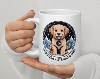 Golden Retriever Mug - 11oz, 15oz, 20oz | Capricorn Zodiac Kawaii Design | Dog Dad Gift | Dec Jan Birthday | Dishwasher Safe