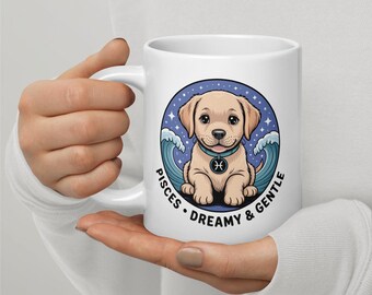 Labrador Retriever Mug - 11oz, 15oz, 20oz | Pisces Kawaii Zodiac Coffee Cup | Feb Mar Birthday Gift | Dishwasher Safe
