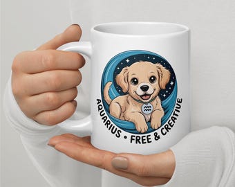 Golden Retriever Mug - 11oz, 15oz, 20oz | Aquarius Zodiac Kawaii Design | Dog Mom Gift | Jan Feb Birthday | Dishwasher Safe