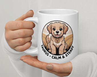 Golden Retriever Mug - 11oz, 15oz, 20oz | Taurus Zodiac Kawaii Design | Dog Dad Gift | April May Birthday | Dishwasher Safe