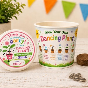 May include: A white paper cup kit for growing a dancing plant, featuring a lid that reads Thank you for coming to my party! I'm a dancing plant! Mimosa Pudisca Seeds, Love, Emily. Includes a soil pellet, a small bag of seeds, and instructions.