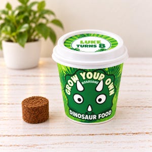 May include: A white plastic cup with a green dinosaur graphic and the text "GROW YOUR OWN ROARSOME DINOSAUR FOOD" on the side, and "LUKE TURNS 8" on the lid. A small, round, brown compressed soil disc sits next to the cup on a white surface.
