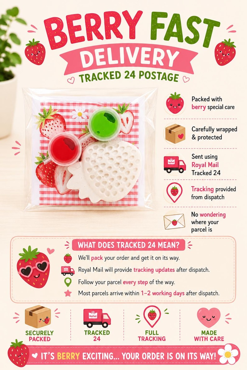 May include: A clear plastic package containing a white strawberry-shaped object and two small circular containers with red and green contents, set against a red and white checkered background with text reading BERRY FAST DELIVERY.