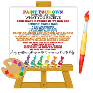 May include: A wooden easel with a canvas that says "Paint Your Own Shapes/Letters What You Receive". The canvas also includes instructions on how to paint the shapes and letters. There are paint tubes and a paintbrush on the easel.