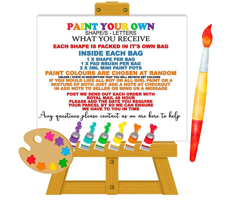 May include: A wooden easel with a canvas that says "Paint Your Own Shapes/Letters What You Receive". The canvas also includes instructions on how to paint the shapes and letters. There are paint tubes and a paintbrush on the easel.