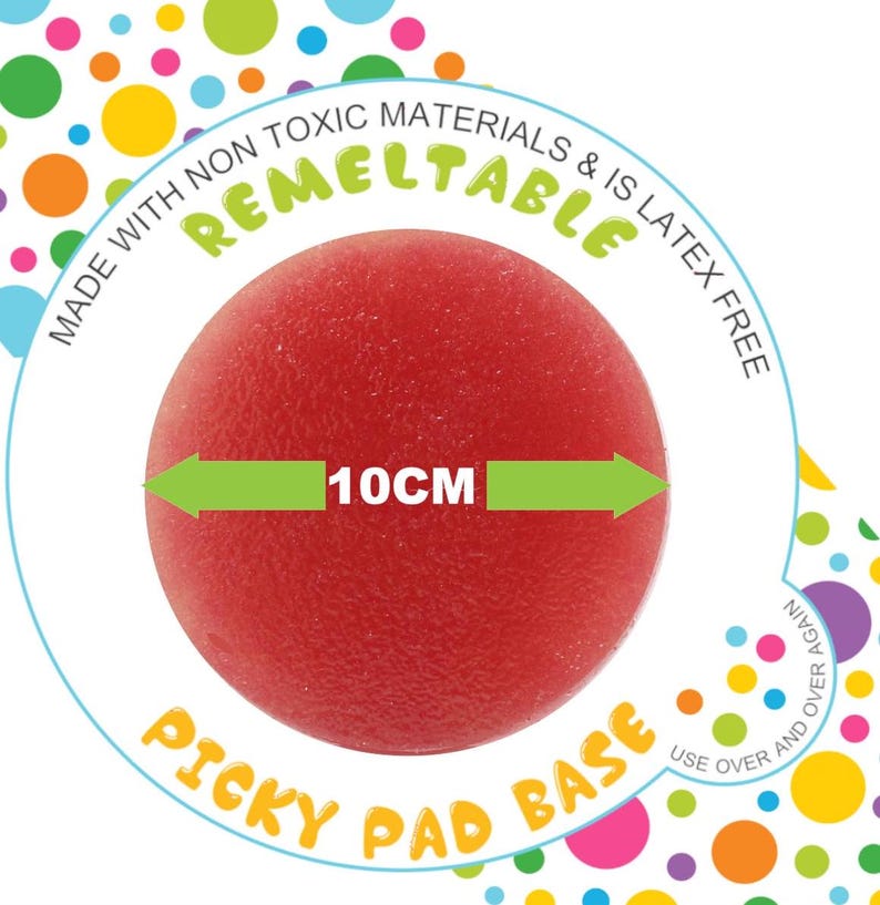 May include: Red, 10cm diameter, remeltable, latex-free, sensory ball with a textured surface.  Made with non-toxic materials.  The ball is labelled "Picky Pad Base" and "Use Over and Over Again".