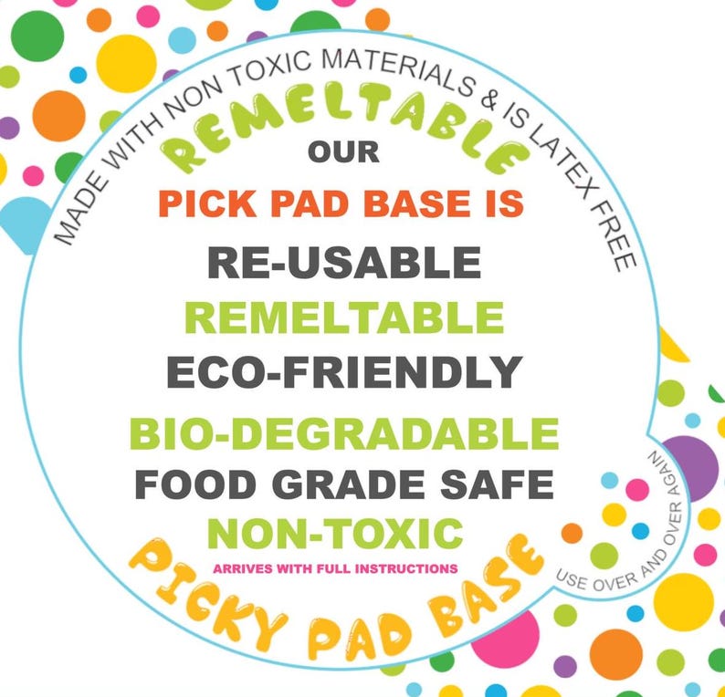May include: A colourful circular sticker with the text "REMELTABLE OUR PICK PAD BASE IS RE-USABLE REMELTABLE ECO-FRIENDLY BIO-DEGRADABLE FOOD GRADE SAFE NON-TOXIC ARRIVES WITH FULL INSTRUCTIONS USE OVER AND OVER AGAIN PICKY PAD BASE". The sticker is surrounded by a ring of colourful dots.
