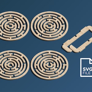 4 つのユニークな迷路コースター デザイン、レーザー カット ファイル、SVG、ベクター、glowforge、cricut、幾何学、アールデコ、ボヘミアン、DIY、ユニーク、ホーム デコレーション、ドリンク