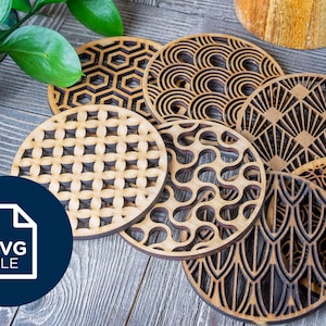 10 種類のトレンディなコースター デザイン、レーザー カット ファイル、SVG、ベクター、glowforge、cricut、幾何学、アールデコ、ボヘミアン、DIY、ユニーク、ホーム デコレーション、ドリンク