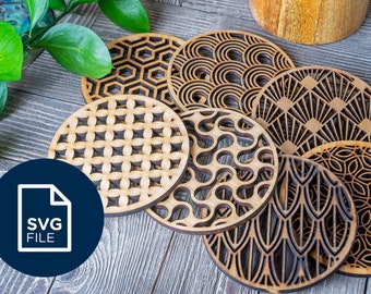 SET 1, 10 Trendy Coaster designs, laser cut file, SVG, vector, glowforge, cricut, Geometric, Art Deco, Boho, DIY, Unique, Home Decor, Drink