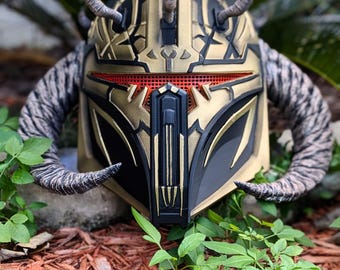 High Shadow Warden Helmet | Horned Warrior Cosplay Mask | Gold & Black Fantasy Armor Helmet | Custom 3D Printed Mandalorian Style Helmet
