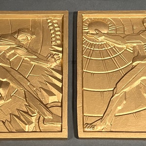 Art mural unique - Bas-relief art-déco spécial Homme tenant le soleil et homme tenant le feu Associant deux carreaux de 5 x 7 pouces