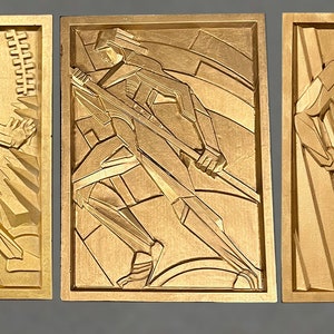 Special Trio : Art-Deco Rene&#39; Paul Chambellan &#39;Man Holding Fire&#39;, &#39;Man Holding Spike&#39;, and &#39;Man Leaning&#39;,  with all three as 5x7 inch tiles
