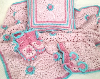 Handmade Crochet  Multicolor Baby Blanket+Pillowcase+Baby Bonnet +Baby Booties ,Bedspread Throw ,Couch Blanket