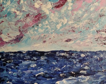 Abstract acrylic palette knife painting 20x20cm "In the sea". Original