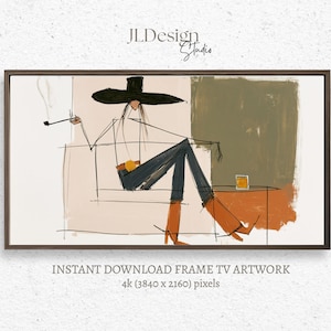 Puede incluir: Una ilustración digital de una figura con un sombrero negro de ala ancha, una blusa blanca, pantalones oscuros y botas naranjas, sentada en una silla sosteniendo una pipa. Un vaso pequeño descansa sobre una mesa auxiliar. Incluye el texto JLDesign Studio.