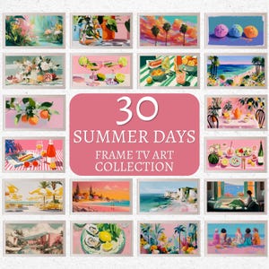 May include: A collection of 18 framed art prints with a summer theme. The art features colourful illustrations of landscapes, food, and drinks. The text "30 SUMMER DAYS FRAME TV ART COLLECTION" is displayed on a pink background.