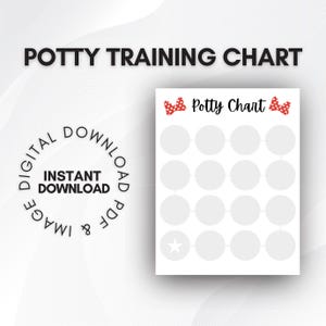 May include: A printable potty training chart with a white background and red polka dot bows at the top. The chart has 20 circles for marking progress and a star at the bottom.