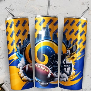 May include: Three stainless steel tumblers with lids and straws. The tumblers feature a design with the Los Angeles Rams logo, a football, and a cityscape. The tumblers are yellow, blue, and white.