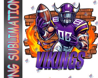 May include: A cartoon football player wearing a purple and gold jersey with a horned helmet, holding a football. The player is standing in front of a brick wall with flames on either side. The text "VIKINGS" is written in large purple letters below the player.