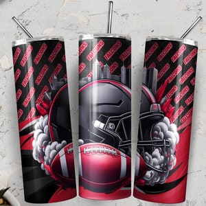 May include: Three stainless steel tumblers with a black and red design featuring a football helmet, a football, and the words "Falcons" repeated in a pattern.